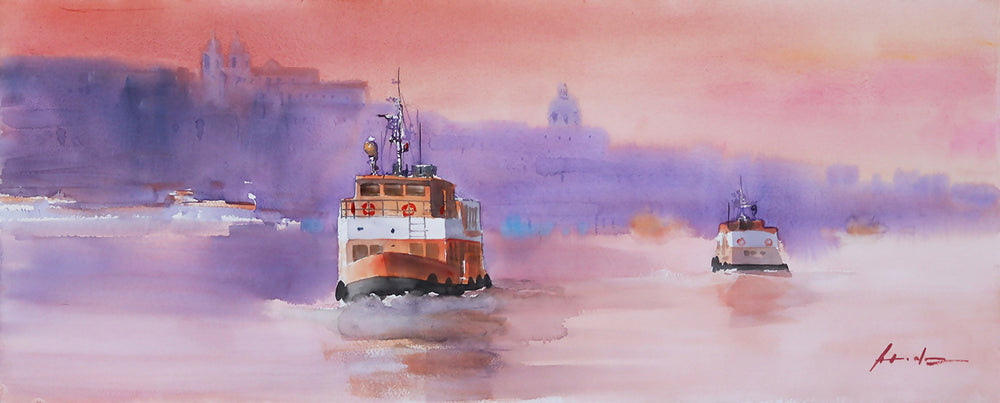 Antonio Neves, Lisboa, acuarela sobre papel, 40 x 100 cm