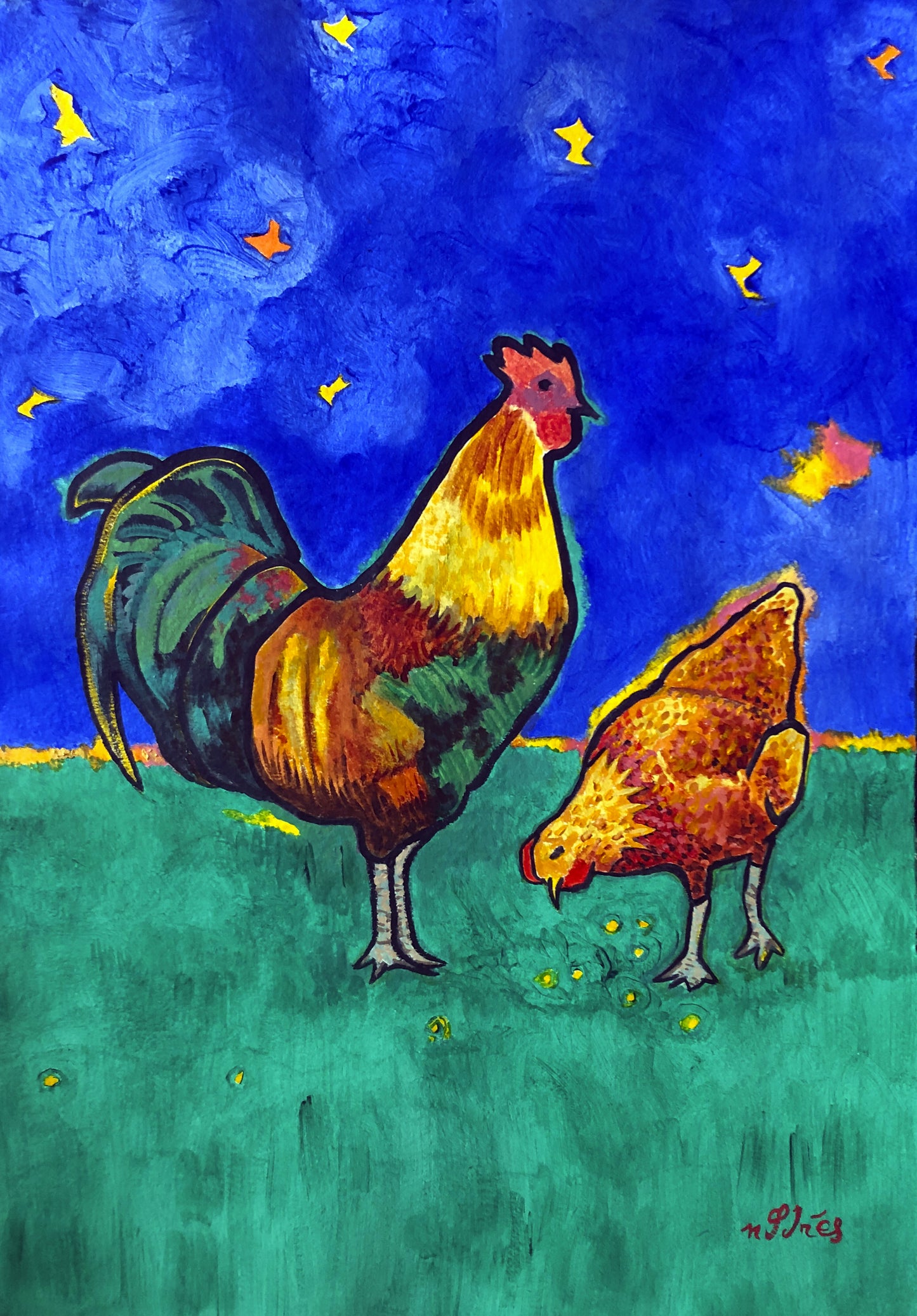 Andres Calderon Sanchez - Galo e galinha ao amanhecer - Pintura