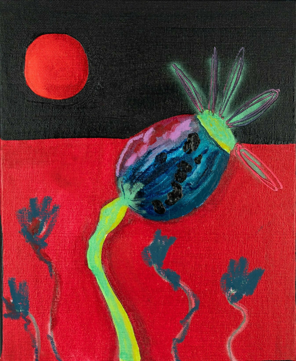 Adormidera crece en la noche 27 x 22 cm., mixta sobre lienzo_2024