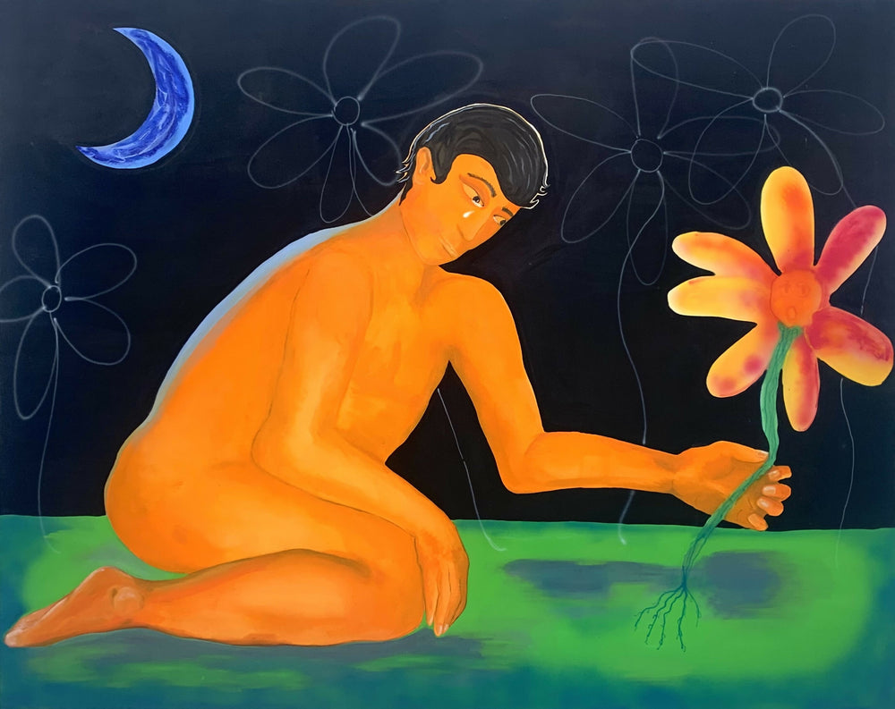 The man with flowers 114 x 146 cm., mixed on linen_2024