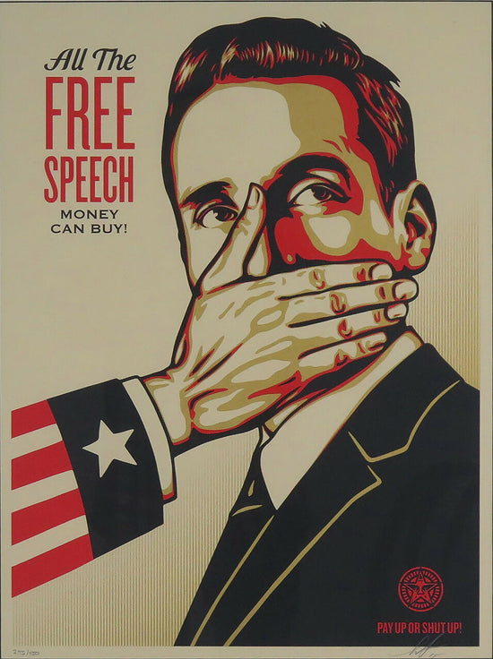 Shepard-Fairey_Free-speech_screen-printing-paper-295-450_Dim-with-frame-82x66_Dim-stain-61x46-Stain